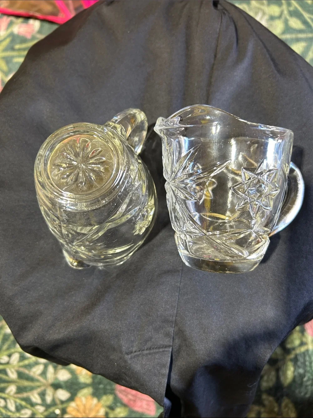 Clear Glass Creamer and Sugar Set with Starburst Embossed Design